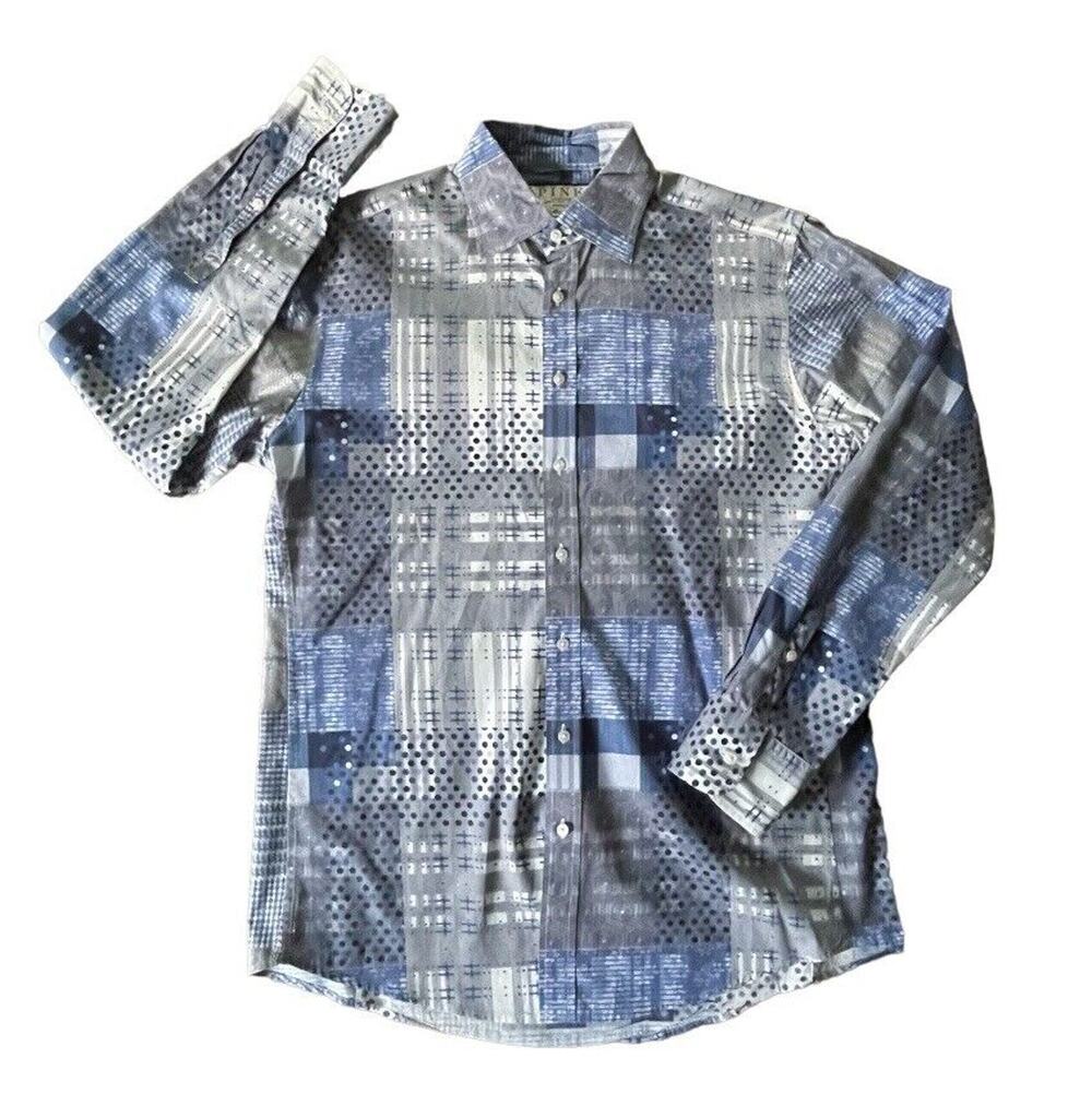 Thomas Pink Button Up Shirt Mens Medium 15.5 Blue & Gray Slim Abstract Geometric
